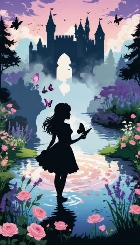 wonderland,fairy world,children's fairy tale,fairy tale,alice in wonderland,a fairy tale,fairy tale character,magical adventure,children's background,flower background,springtime background,fairy tales,fantasia,fairy tale icons,girl picking flowers,japanese sakura background,silhouette art,fairytales,spring background,fantasy world,Illustration,Black and White,Black and White 33