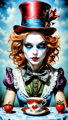 alice in wonderland,hatter,ringmaster,queen of hearts,girl with cereal bowl,alice,the carnival of venice,confectioner,pierrot,woman with ice-cream,horror clown,harlequin,wonderland,marionette,woman holding pie,tea party,jester,jigsaw puzzle,tea party collection,confection,Illustration,Realistic Fantasy,Realistic Fantasy 10