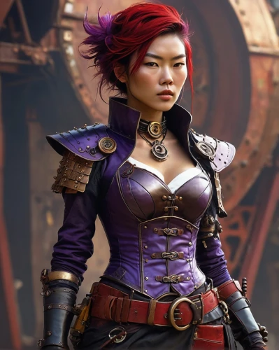 steampunk,female warrior,violet head elf,gara,dodge warlock,huntress,viola,massively multiplayer online role-playing game,pirate,mulan,purple skin,renegade,violet,game character,katana,purple rizantém,sterntaler,ara macao,red-purple,purple and gold,Conceptual Art,Sci-Fi,Sci-Fi 01