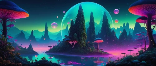 mushroom landscape,fairy world,alien world,mushroom island,fairy forest,fantasy landscape,alien planet,fairy village,fairy galaxy,futuristic landscape,wonderland,3d fantasy,acid lake,enchanted forest,cartoon video game background,forest of dreams,fantasy world,dream world,cartoon forest,fantasia,Illustration,Realistic Fantasy,Realistic Fantasy 35