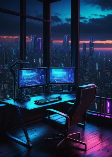 cyberpunk,computer room,computer desk,desk,computer workstation,cyberspace,modern office,working space,study room,windows,cityscape,futuristic landscape,desktop,cyber,workspace,aesthetic,computer,sky apartment,the server room,virtual world,Art,Classical Oil Painting,Classical Oil Painting 27