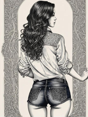 retro pin up girl,vintage drawing,valentine pin up,pin-up girl,watercolor pin up,pin up,blue jeans,pin ups,high jeans,pin up girl,jeans,jeans pattern,high waist jeans,pin-up,pinup girl,vintage woman,retro pin up girls,valentine day's pin up,vintage girl,denim and lace,Illustration,Black and White,Black and White 03
