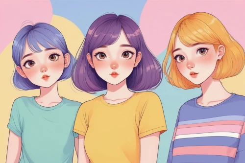 pastel colors,soft pastel,kids illustration,pastels,hairstyles,pastel,colorful doodle,sewing pattern girls,trio,three primary colors,rainbow pencil background,gradient effect,teens,vintage girls,multicolor faces,rainbow color palette,color background,young women,perfume,colorful background,Illustration,Retro,Retro 23