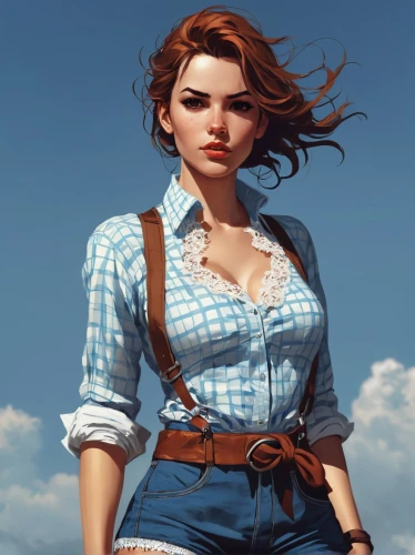 countrygirl,girl in overalls,cowgirl,croft,farm girl,retro girl,country dress,cowgirls,girl with gun,game illustration,girl with a gun,lara,farmer,retro woman,retro women,overalls,vintage girl,cowboy plaid,jean button,woman holding gun,Conceptual Art,Fantasy,Fantasy 06