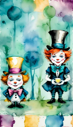 alice in wonderland,clowns,circus,circus show,hatter,marionette,horror clown,creepy clown,fairytale characters,circus tent,butterfly dolls,pierrot,wonderland,watercolor baby items,clown,scarecrows,children's background,joint dolls,comedy tragedy masks,scary clown,Illustration,Paper based,Paper Based 25