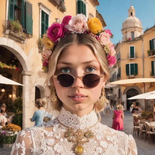 flower hat,floral,beautiful girl with flowers,flower girl,capri,floral with cappuccino,wedding glasses,floral frame,puglia,vintage floral,girl in flowers,sun glasses,venetian mask,flower crown,sunglasses,hallia venezia,boho,italy,lace round frames,bella rosa,Photography,Realistic