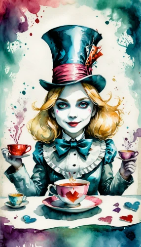 alice in wonderland,hatter,tea party,tea party cat,alice,teacup,coffee tea illustration,tea party collection,tea cup,wonderland,ringmaster,watercolor tea set,teatime,tea time,watercolor tea,tea cups,queen of hearts,tea cup fella,candy cauldron,cup and saucer,Illustration,Paper based,Paper Based 25