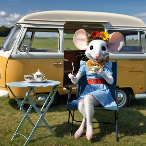 campervan,camper van,camping car,vwbus,camper van isolated,caravanning,whimsical animals,camping,vw camper,anthropomorphized animals,rving,vw model,dormobile,vintage mice,camper,glamping,recreational vehicle,animals play dress-up,volkswagenbus,motorhome