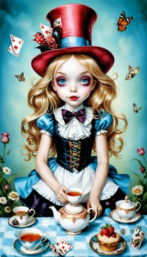alice in wonderland,tea party collection,alice,doll kitchen,tea party,confectioner,girl with cereal bowl,painter doll,wonderland,confection,porcelaine,cupido (butterfly),woman holding pie,tea party cat,pierrot,cake stand,hatter,fairy tale character,jigsaw puzzle,tumbling doll,Illustration,Abstract Fantasy,Abstract Fantasy 11