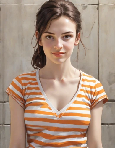 girl in t-shirt,clementine,cotton top,striped background,young woman,portrait background,girl portrait,orange,pretty young woman,portrait of a girl,beautiful young woman,the girl's face,teen,realdoll,horizontal stripes,orange color,retro girl,clove,female model,liberty cotton,Digital Art,Comic