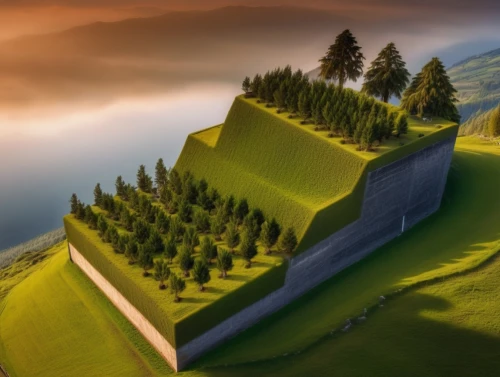 mountain slope,wall,grass roof,summit castle,roof landscape,peter-pavel's fortress,miniature house,house in mountains,mountain scene,medieval castle,eastern switzerland,mountain settlement,landscape background,mountain pasture,mountainside,green landscape,alpine pastures,3d rendering,virtual landscape,fortress,Photography,General,Realistic