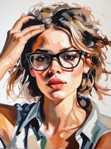 girl studying,girl portrait,painting technique,girl drawing,reading glasses,photo painting,illustrator,woman thinking,artist portrait,oil painting,portrait of a girl,face portrait,art painting,meticulous painting,woman portrait,oil painting on canvas,painting work,short sightedness,study,young woman,Conceptual Art,Oil color,Oil Color 18
