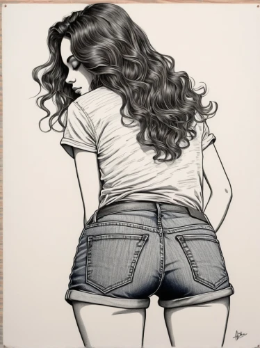 watercolor pin up,pinup girl,chalk drawing,pin-up,pin-up girl,vintage drawing,retro pin up girl,pencil drawings,pin up,high jeans,jeans,pin up girl,pin ups,blue jeans,pin-up model,rockabilly,high waist jeans,plus-size,plus-size model,jean shorts,Illustration,Black and White,Black and White 06
