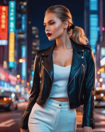 fashion street,bolero jacket,femme fatale,women fashion,blonde woman,photo session at night,female model,cool blonde,retro woman,marylyn monroe - female,leather jacket,city lights,new york streets,on the street,young model istanbul,model beauty,women clothes,fashion vector,city ​​portrait,latex clothing,Illustration,Realistic Fantasy,Realistic Fantasy 39