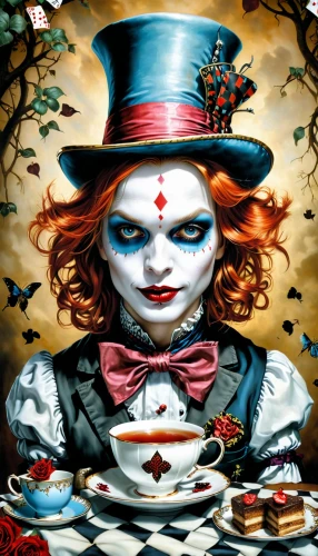 ringmaster,hatter,alice in wonderland,jigsaw,jigsaw puzzle,pierrot,horror clown,it,circus,confectioner,creepy clown,magician,the carnival of venice,queen of hearts,juggler,wonderland,scary clown,marionette,alice,joker,Illustration,Realistic Fantasy,Realistic Fantasy 10