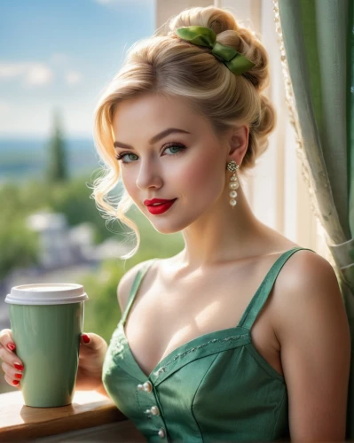 woman drinking coffee,barista,coffee background,woman at cafe,cappuccino,elsa,romantic portrait,café au lait,retro woman,vintage woman,retro pin up girl,blonde woman,drinking coffee,crème de menthe,vintage girl,retro girl,darjeeling tea,retro women,caffè americano,espresso,Photography,General,Natural