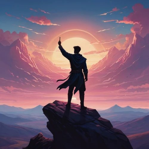 silhouette art,man silhouette,the spirit of the mountains,would a background,the wanderer,world digital painting,silhouette of man,mountain sunrise,eagle silhouette,cg artwork,raise,conquistador,art silhouette,dusk background,lone warrior,wanderer,falconer,silhouette,game illustration,sci fiction illustration,Conceptual Art,Fantasy,Fantasy 17