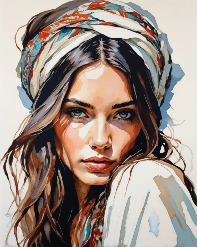 boho art,bohemian,watercolor women accessory,gypsy soul,headscarf,girl portrait,boho,watercolor pencils,girl in cloth,young woman,watercolor painting,selanee henderon,girl with cloth,oil painting on canvas,oil painting,bedouin,watercolor paint,gipsy,colour pencils,argan,Conceptual Art,Oil color,Oil Color 08