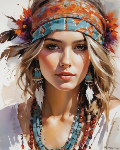 boho art,headdress,indian headdress,feather headdress,native american,cherokee,american indian,bohemian,gypsy soul,southwestern,native,boho,gipsy,girl portrait,watercolor women accessory,warrior woman,world digital painting,adornments,tribal chief,hippie,Conceptual Art,Oil color,Oil Color 09