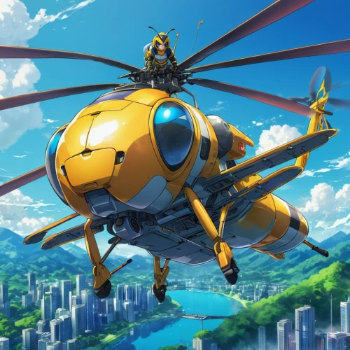 gyroplane,rotorcraft,drone bee,eurocopter,ambulancehelikopter,helicopter,chopper,bumblebee,yellow jacket,harbin z-9,bumblebee fly,rescue helicopter,mil mi-2,helicopter pilot,fire-fighting helicopter,ah-1 cobra,mil mi-24,bell 214,helicopters,bell 206,Illustration,Japanese style,Japanese Style 03