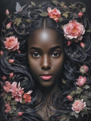 girl in a wreath,fantasy portrait,mystical portrait of a girl,flora,girl in flowers,magnolia,black woman,rose wreath,african american woman,beautiful african american women,rose flower illustration,black skin,wreath of flowers,oil painting on canvas,camellias,camellia,afro american girls,flower girl,blooming wreath,rosa ' amber cover