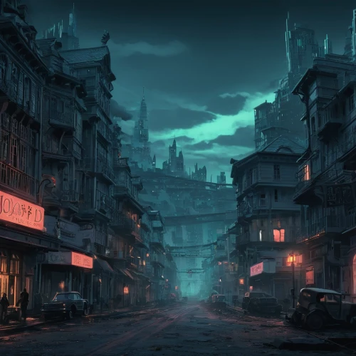 ancient city,fantasy city,destroyed city,black city,post-apocalyptic landscape,slums,ghost town,city at night,concept art,world digital painting,cityscape,fantasy landscape,lostplace,night scene,post apocalyptic,city scape,evening city,old city,townscape,evening atmosphere,Conceptual Art,Fantasy,Fantasy 02