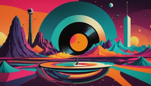 panoramical,abstract retro,gas planet,planet,orbital,saturnrings,planet eart,vinyl record,music record,music player,vector graphic,futuristic landscape,turntable,music background,planets,alien planet,vinyl player,currents,discs vinyl,digiart,Art,Artistic Painting,Artistic Painting 20