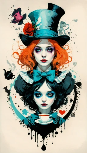 hatter,alice in wonderland,transistor,pierrot,alice,ringmaster,the carnival of venice,porcelain dolls,marionette,wonderland,split personality,circus,harlequin,two face,gothic portrait,queen of hearts,joint dolls,clary,illustrator,harley,Illustration,Paper based,Paper Based 19