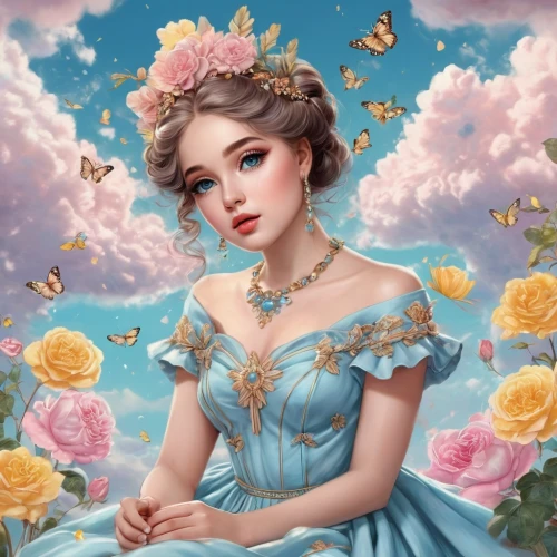 vanessa (butterfly),fantasy portrait,rosa 'the fairy,butterfly background,flower fairy,rose flower illustration,rosa ' the fairy,cupido (butterfly),butterfly floral,fairy tale character,portrait background,fantasy picture,julia butterfly,fairy queen,fantasy art,sky rose,romantic portrait,girl in flowers,cinderella,butterflies,Conceptual Art,Fantasy,Fantasy 23