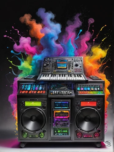 dj equipament,dj,sound table,boombox,mix table,mix,rainbow background,casio fx 7000g,colorful background,music system,electronic music,synthesizer,mixing table,music background,hifi extreme,turbographx-16,techno color,disk jockey,color background,colorful foil background,Illustration,Paper based,Paper Based 24