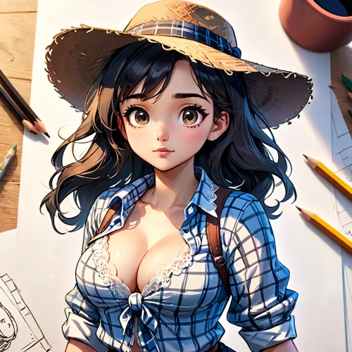 kotobukiya,straw hat,cowgirl,countrygirl,girl in overalls,country dress,maya,illustrator,nami,girl studying,honmei choco,painter doll,jin deui,cowboy plaid,table artist,girl drawing,cowgirls,artist doll,hinata,female doll,Anime,Anime,Cartoon