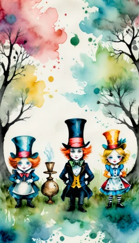 alice in wonderland,wonderland,watercolor baby items,hatter,fairytale characters,watercolor tea set,scarecrows,children's background,tea party collection,butterfly dolls,clowns,watercolor background,tea party,circus,kids illustration,pierrot,snowmen,marionette,three friends,watercolors,Illustration,Paper based,Paper Based 25