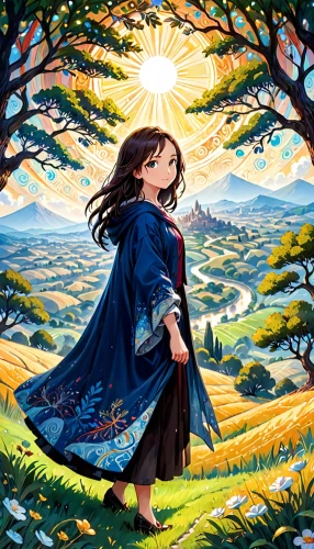 little girl in wind,merida,girl with tree,jrr tolkien,pilgrim,hobbiton,the spirit of the mountains,girl in the garden,girl praying,world digital painting,studio ghibli,the wanderer,children's fairy tale,fantasia,girl picking apples,rowan,fae,cg artwork,children's background,mountain spirit,Anime,Anime,Traditional