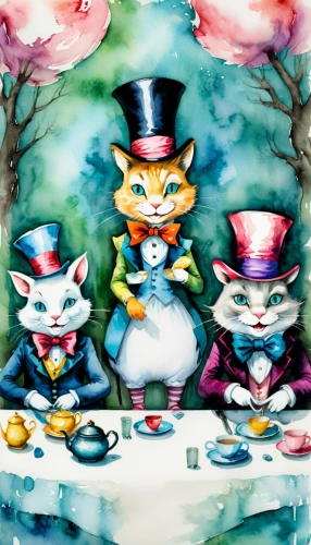 tea party cat,alice in wonderland,tea party,tea party collection,watercolor tea set,tea service,wonderland,cheshire,hatter,alice,watercolor cafe,tea set,teatime,cat's cafe,cake stand,gnomes at table,tea cups,cat family,fairytale characters,tea card,Illustration,Paper based,Paper Based 25