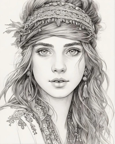 boho art,pencil drawings,girl drawing,pencil art,girl portrait,pencil drawing,fantasy portrait,boho,bohemian,girl wearing hat,mystical portrait of a girl,fantasy art,vintage drawing,headdress,young woman,pencil and paper,portrait of a girl,fae,gypsy soul,clementine,Art sketch,Art sketch,Traditional