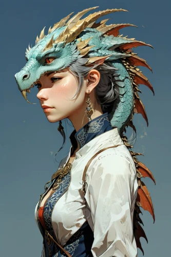 crocodile woman,feather headdress,headdress,mohawk,dragon li,fantasy portrait,goki,headpiece,wind warrior,painted dragon,head plate,female warrior,mina bird,feathered hair,feathers bird,garuda,headgear,dragon,the hat-female,the hat of the woman,Illustration,Realistic Fantasy,Realistic Fantasy 12