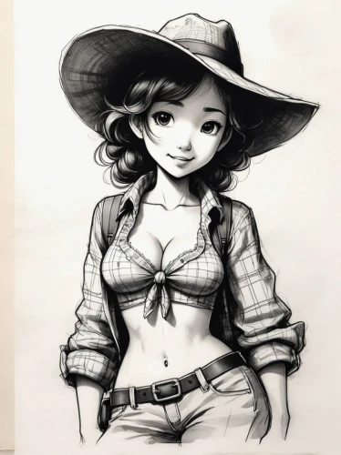 cowgirl,cowgirls,straw hat,countrygirl,girl drawing,vintage drawing,pencil drawing,vintage girl,girl wearing hat,cow boy,to draw,pencil drawings,cowboy hat,clementine,pencil art,sheriff,retro girl,country dress,game drawing,cowboy,Illustration,Paper based,Paper Based 30