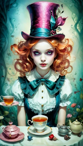 alice in wonderland,hatter,tea party,tea party collection,alice,tea party cat,teacup,wonderland,tea time,teatime,tea cup,girl with cereal bowl,tea service,ringmaster,fairy tale character,lucky tea,confectioner,tea cups,tea card,cup and saucer,Illustration,Realistic Fantasy,Realistic Fantasy 15