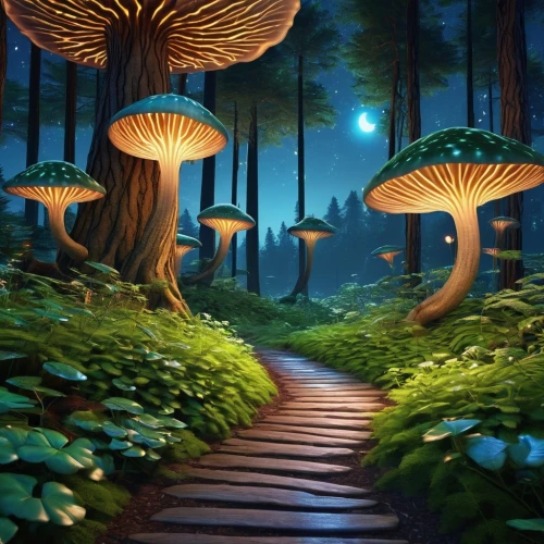 mushroom landscape,fairy forest,forest mushrooms,mushrooms,toadstools,mushroom island,cartoon forest,fairytale forest,forest mushroom,forest path,brown mushrooms,fairy world,forest of dreams,enchanted forest,forest floor,elven forest,fairy village,pathway,cartoon video game background,umbrella mushrooms,Photography,General,Realistic