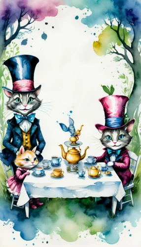 tea party,watercolor tea set,tea party collection,tea party cat,alice in wonderland,tea service,watercolor tea,teatime,tea set,gnomes at table,tea time,tea card,tea cups,afternoon tea,high tea,watercolor cafe,hatter,fairytale characters,coffee tea illustration,wonderland,Illustration,Paper based,Paper Based 25