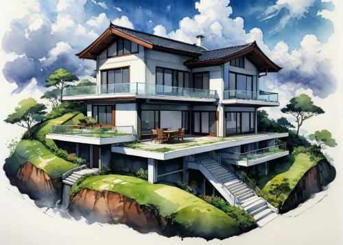 houses clipart,floating island,japanese architecture,cubic house,house with lake,modern house,house in mountains,sky apartment,house by the water,luxury property,eco-construction,floating islands,cube house,residential house,home landscape,roof landscape,residential property,residential,house in the mountains,eco hotel,Illustration,Japanese style,Japanese Style 10