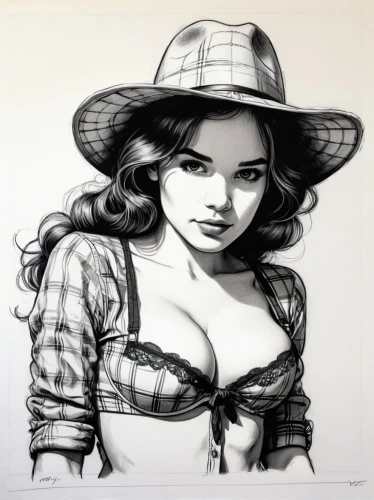 pin-up girl,retro pin up girl,pin up girl,charcoal drawing,girl wearing hat,cowgirl,pinup girl,pencil drawings,the hat-female,vintage drawing,straw hat,pin ups,retro woman,trilby,retro pin up girls,pin-up,pin up,retro girl,clementine,retro women,Art,Artistic Painting,Artistic Painting 22