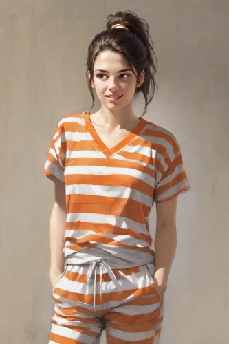 girl with cloth,girl in cloth,horizontal stripes,striped background,girl in t-shirt,portrait of a girl,girl in a long,child portrait,young woman,girl portrait,portrait background,girl with cereal bowl,stripes,painting technique,girl in overalls,orange,girl in a historic way,girl sitting,oil painting,girl with bread-and-butter,Digital Art,Comic