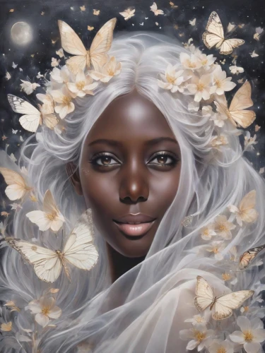 mystical portrait of a girl,white butterflies,fantasy portrait,moonflower,white lady,african american woman,african woman,white butterfly,cloves schwindl inge,white blossom,faery,fantasy art,white bird,gemini,faerie,blanche,the angel with the veronica veil,oil painting on canvas,beautiful african american women,black skin