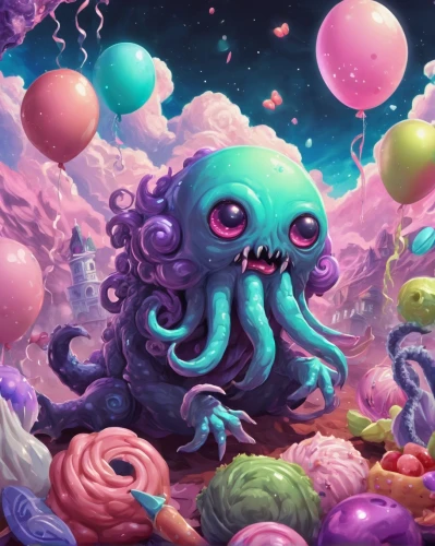 fun octopus,calamari,pink octopus,kraken,cuthulu,octopus,polyp,tentacles,octopus tentacles,cephalopod,poisonous,cg artwork,under sea,deep sea,apiarium,cancer illustration,yo-kai,sea-life,squid game card,tentacle,Illustration,Realistic Fantasy,Realistic Fantasy 47