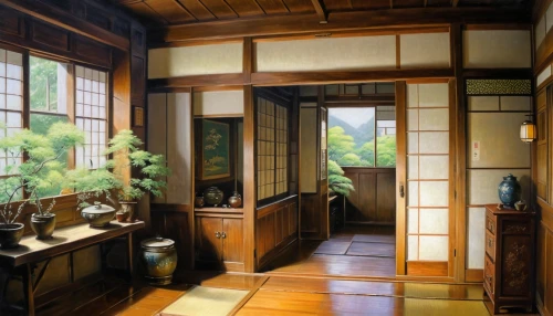 japanese-style room,ryokan,wooden windows,china cabinet,laundry room,japanese art,japanese architecture,cabinetry,oriental painting,watercolor tea shop,study room,japanese background,luxury bathroom,japanese-style,examination room,consulting room,washroom,beauty room,kitchen interior,doctor's room,Illustration,Realistic Fantasy,Realistic Fantasy 03