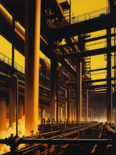 industrial landscape,steel mill,industrial tubes,industrial plant,industrial hall,industrial,steel construction,mining facility,industrial area,steel pipes,industries,industry,industrial ruin,factories,yellow machinery,combined heat and power plant,heavy water factory,industry 4,steel tube,industrial security,Art,Artistic Painting,Artistic Painting 34