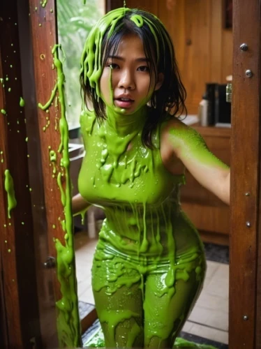 slime,matcha powder,green skin,wasabi,three-lobed slime,food coloring,green bubbles,pesto,matcha,mud,soup green,neon body painting,bjork,to paint,asian costume,thick paint,to dye,toxic waste,cleaning conditioner,glow in the dark paint
