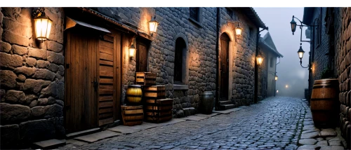medieval street,the cobbled streets,narrow street,cobblestones,alleyway,alley,old linden alley,cobblestone,cobble,cobbles,medieval town,wine barrels,blind alley,hogwarts,lamplighter,old city,apothecary,old town,laneway,adventure game,Illustration,Black and White,Black and White 14