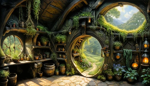 hobbiton,hobbit,fantasy art,dandelion hall,fairy village,fantasy picture,apothecary,fairy door,fairy house,terrarium,fantasy landscape,fairy world,enchanted forest,faery,tunnel of plants,a fairy tale,fairy tale,the little girl's room,labyrinth,enchanted,Illustration,Realistic Fantasy,Realistic Fantasy 03